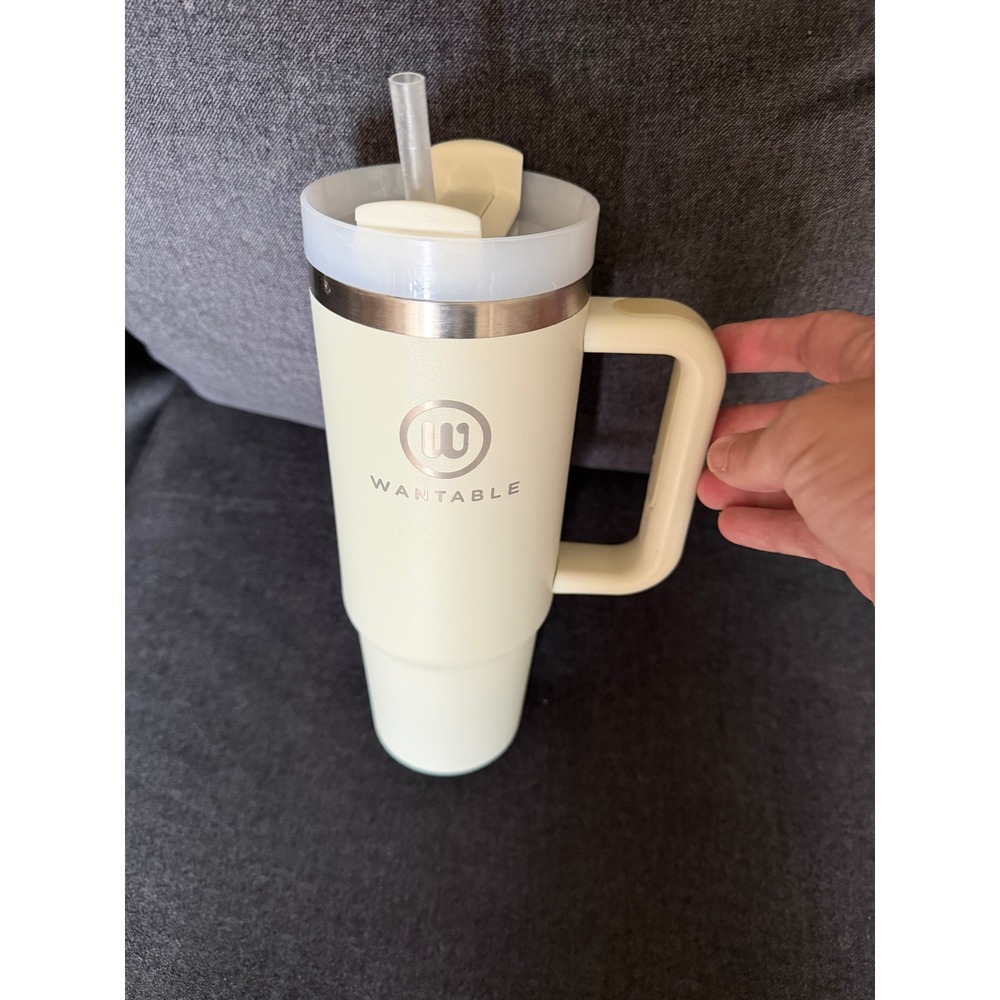 Wantable Insulated Travel Tumbler 40oz Cream Stainless Steel Mug with Straw Lid